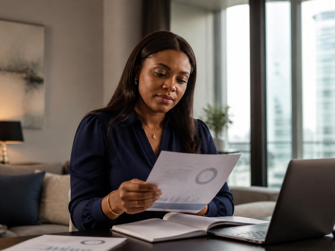 A business owner living abroad reading a printed oversight report at her desk