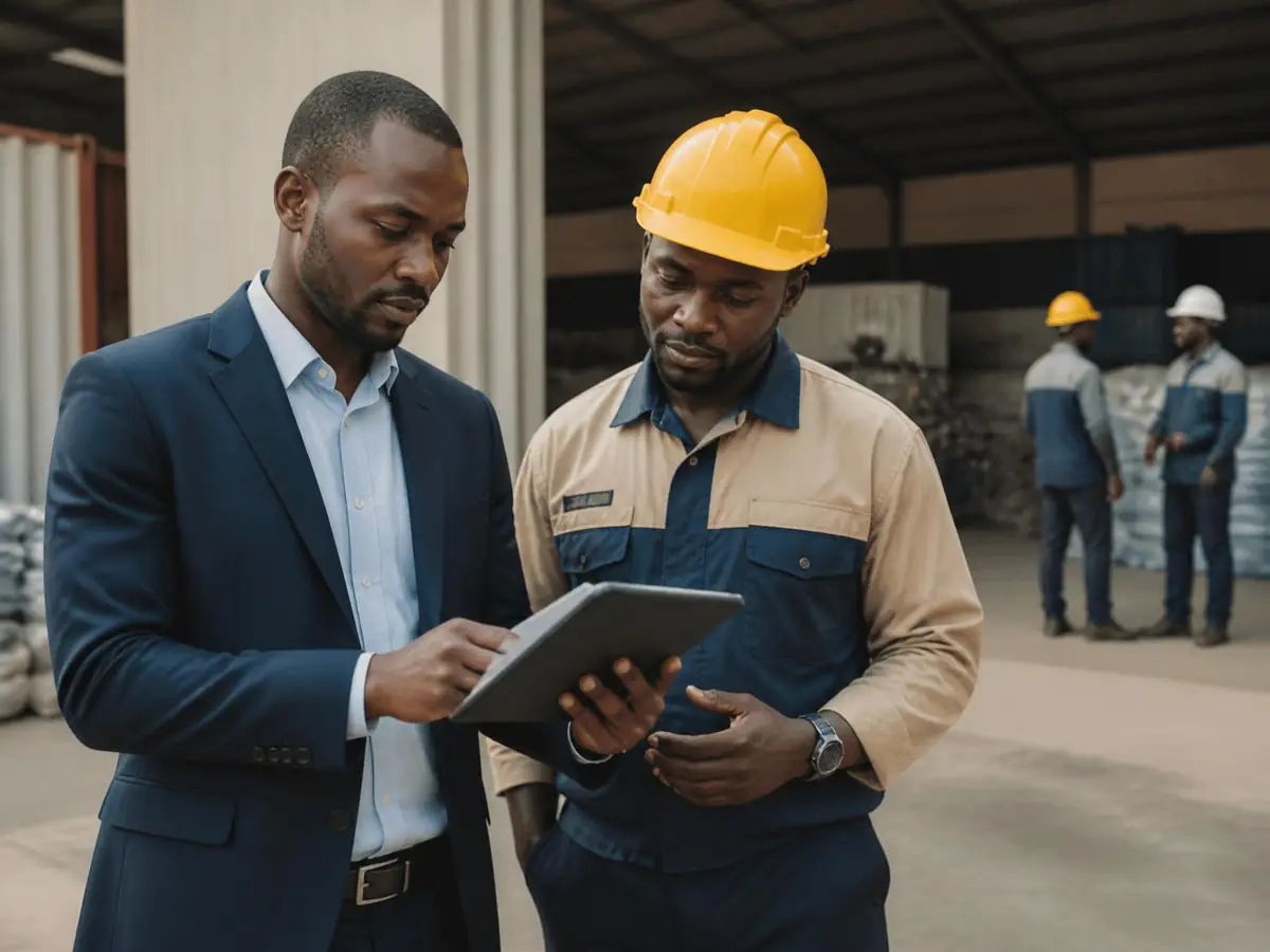 A business professional reviewing site notes on a tablet with a supervisor during a project visit in Nigeria