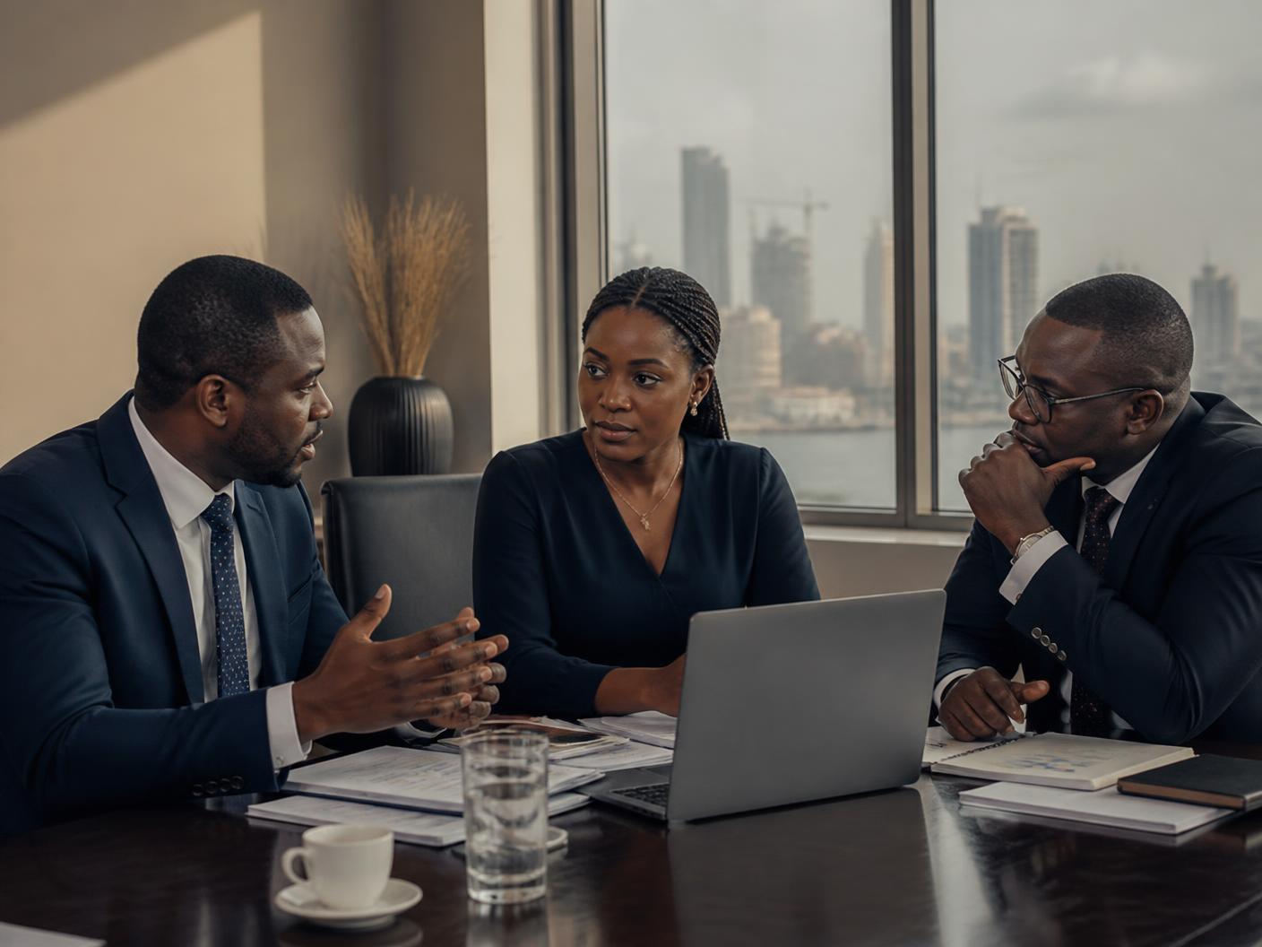 Three business professionals reviewing project documents together in a Lagos office